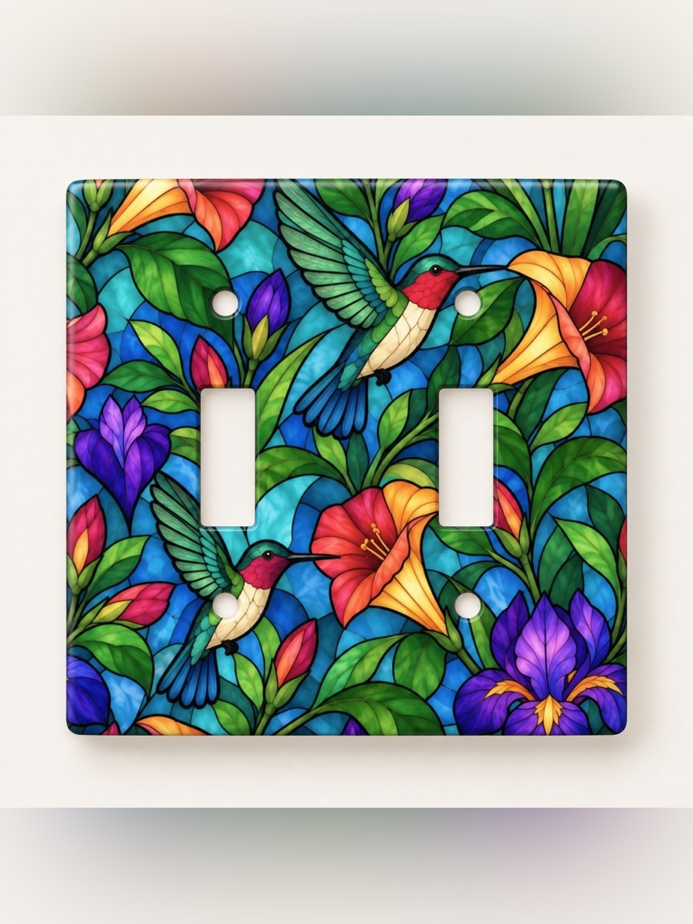 Stained Glass Hummingbird Floral Double Toggle Light Switch Wall Plate Cover